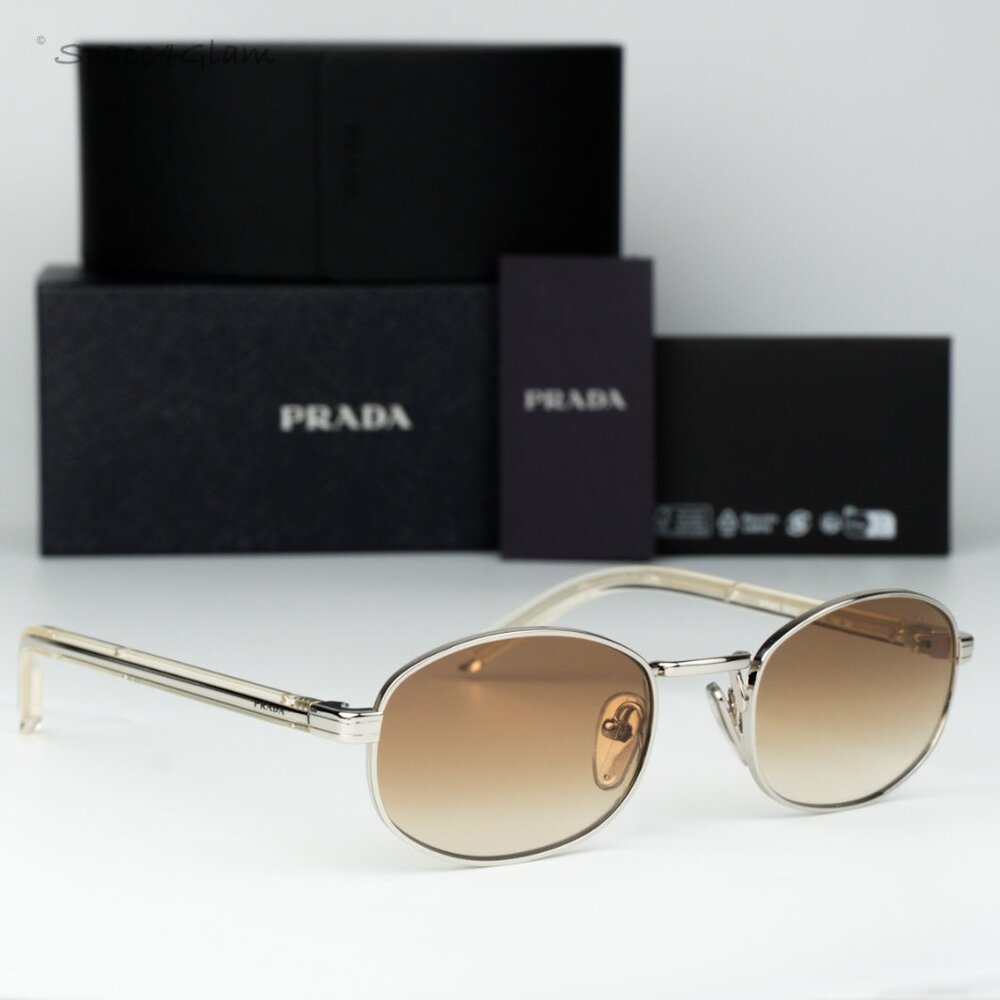 Prada Women Sunglasses Silver Yellow Grad Brown Oval PRB53S 1BC80K NEW AUTHENTIC